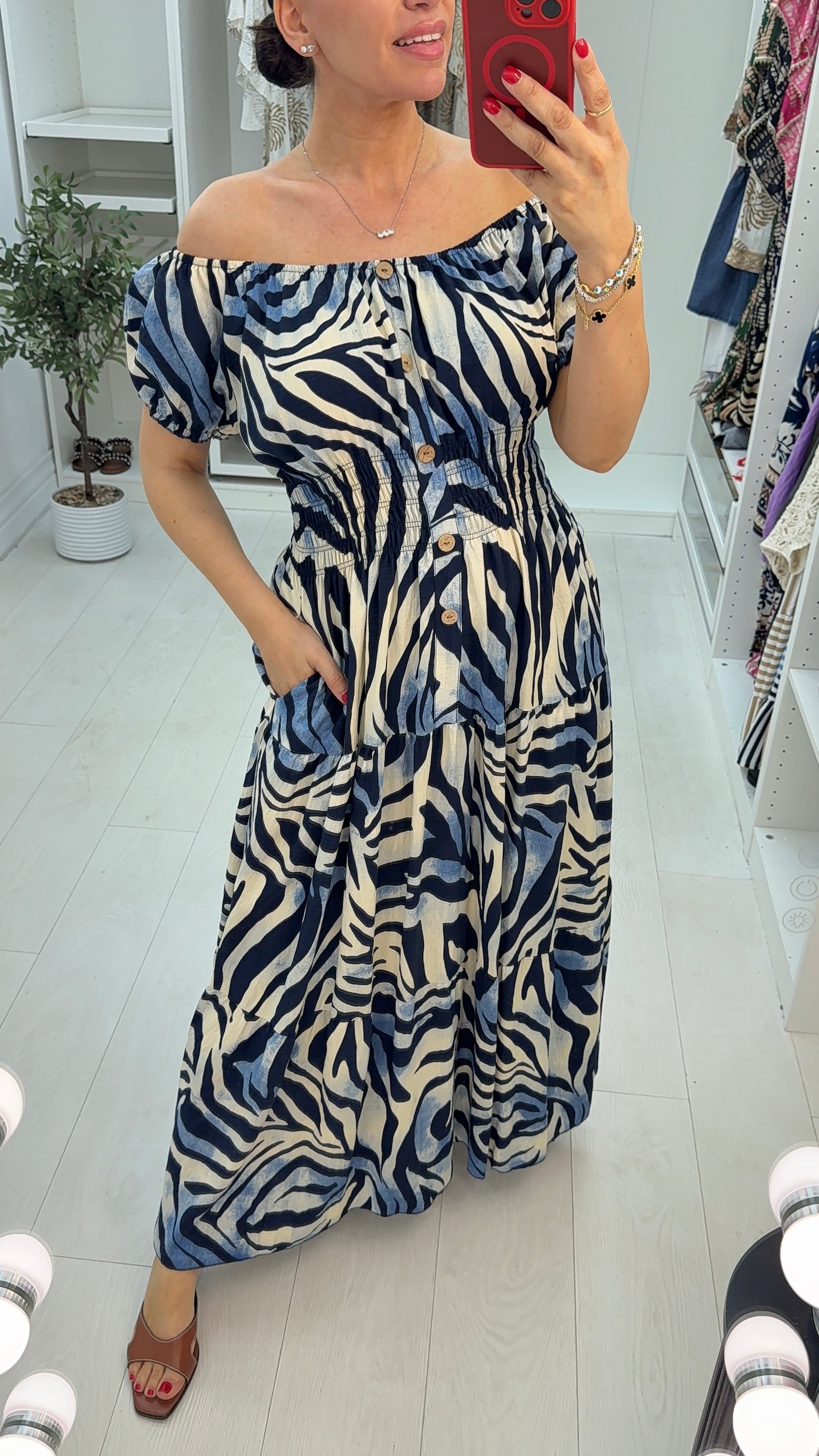 Xena Zebra Print Off-Shoulder Maxi Dress