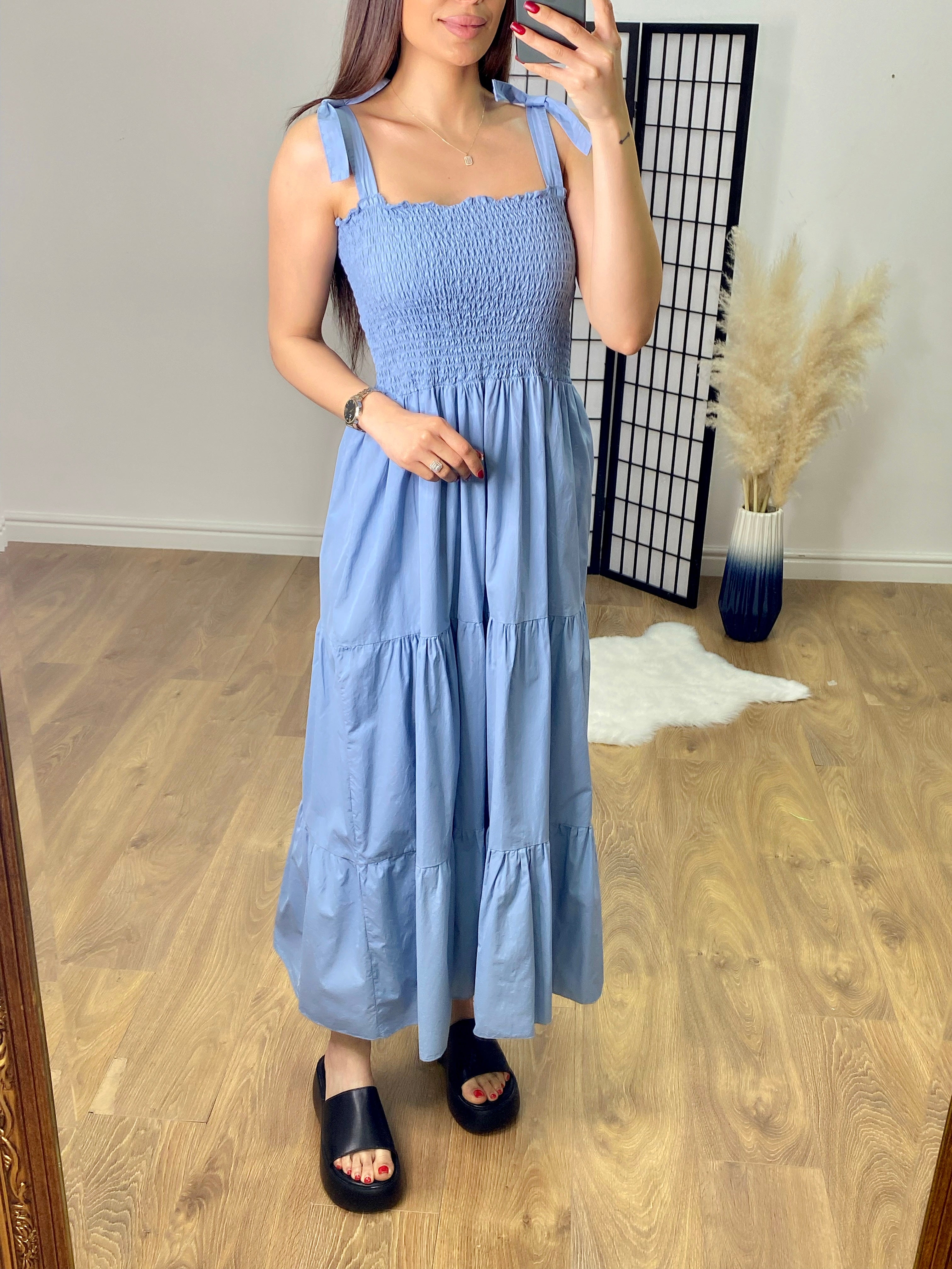 Leonardo Plain Shirred Tiered Hem Maxi Dress