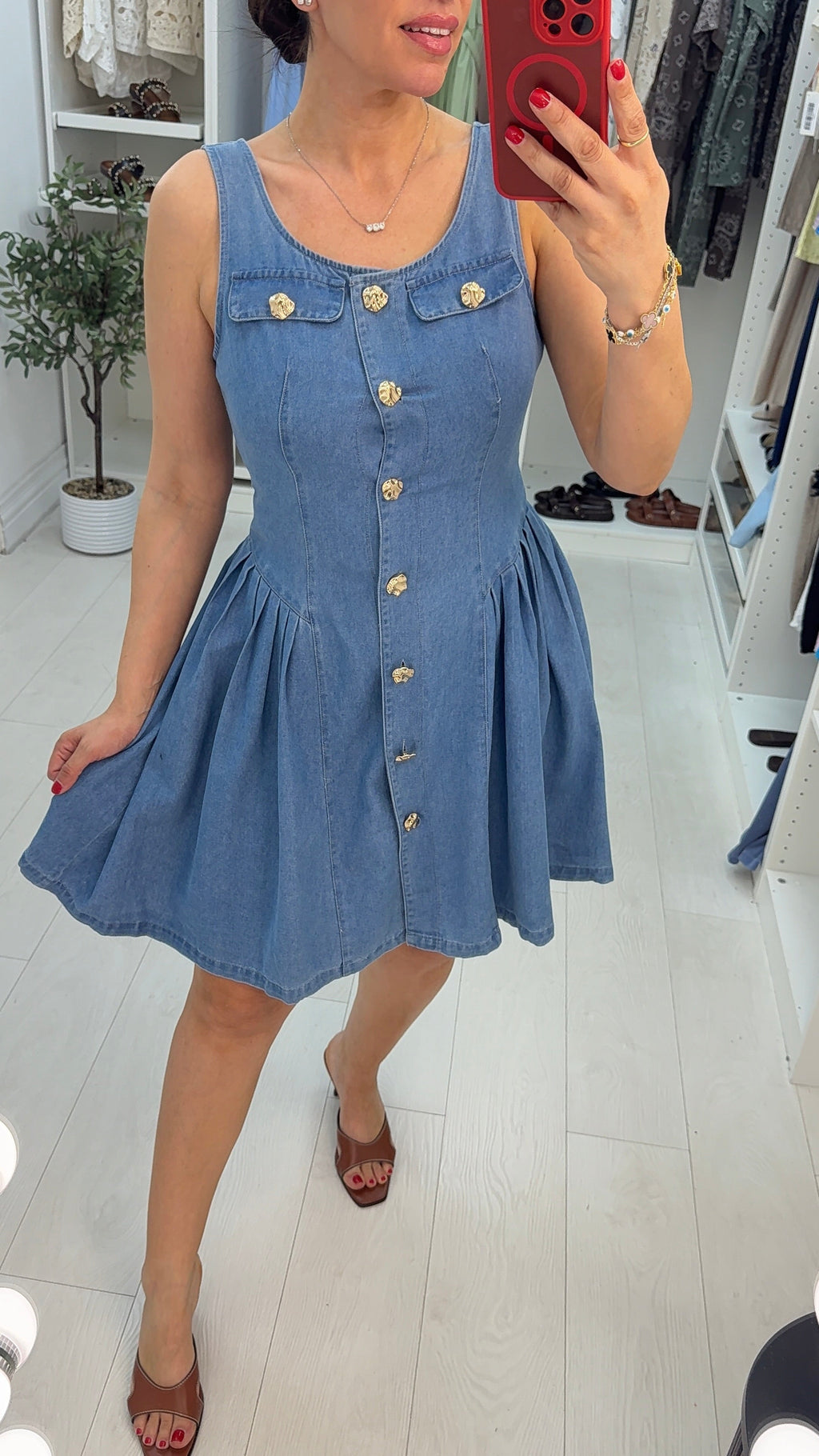 Keeva Embellished Button Front Denim Midi Dress