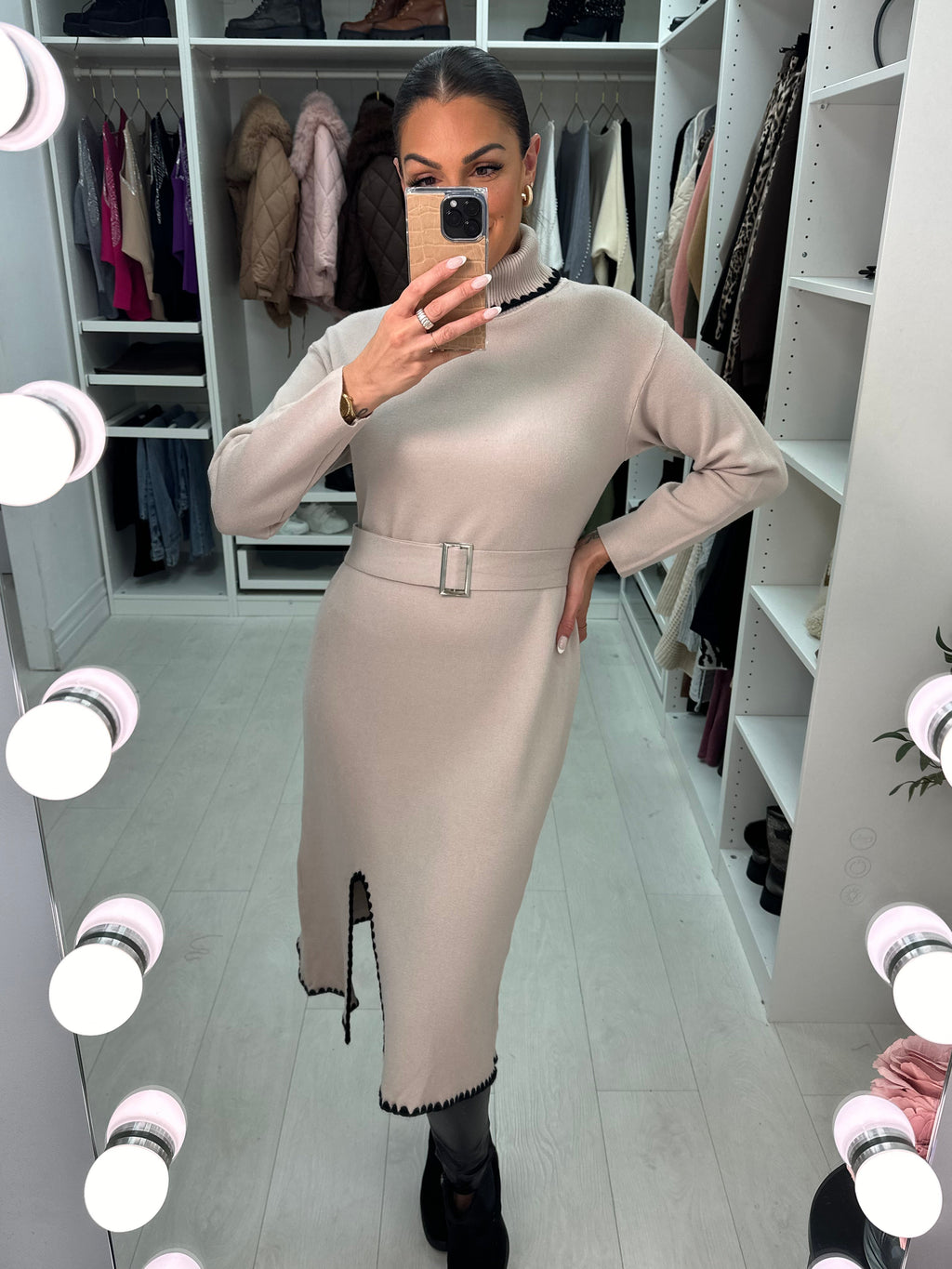 Celeste Stitch Detail Belted Jumper Dress