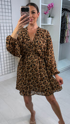 Temia Leopard Print V Neck Shirred Waist Dress