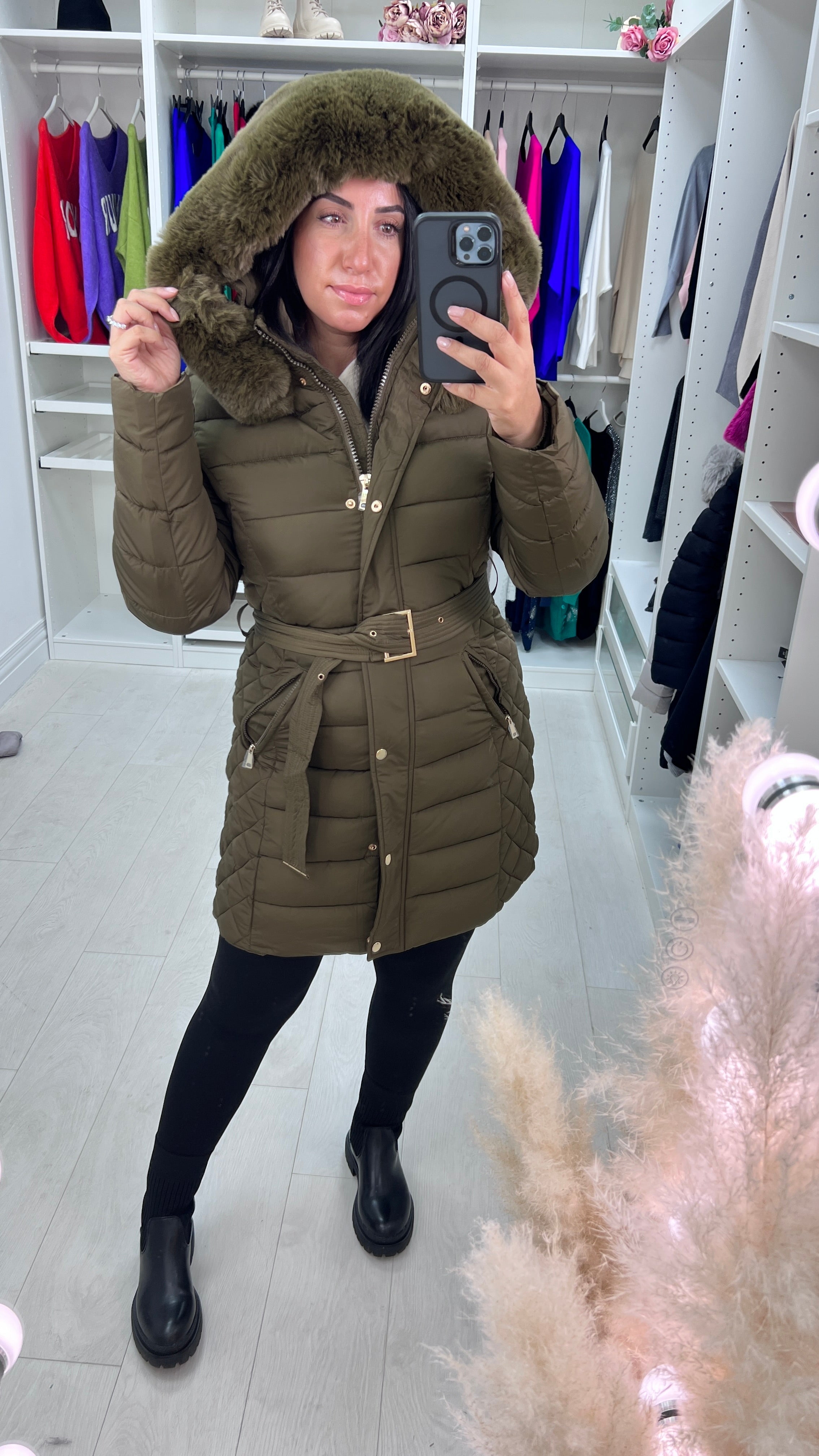 Adalee Khaki Faux Fur Hood Coat