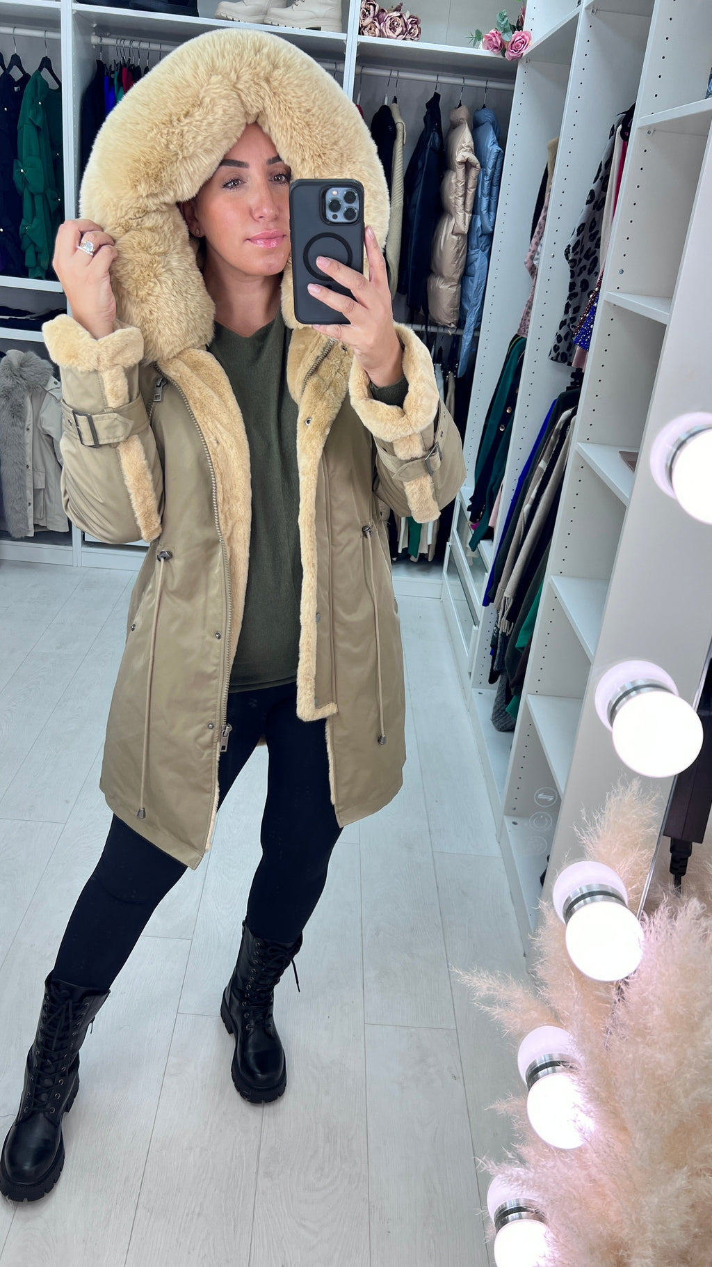 Kimzey Taupe Lush Faux Fur Hooded Coat