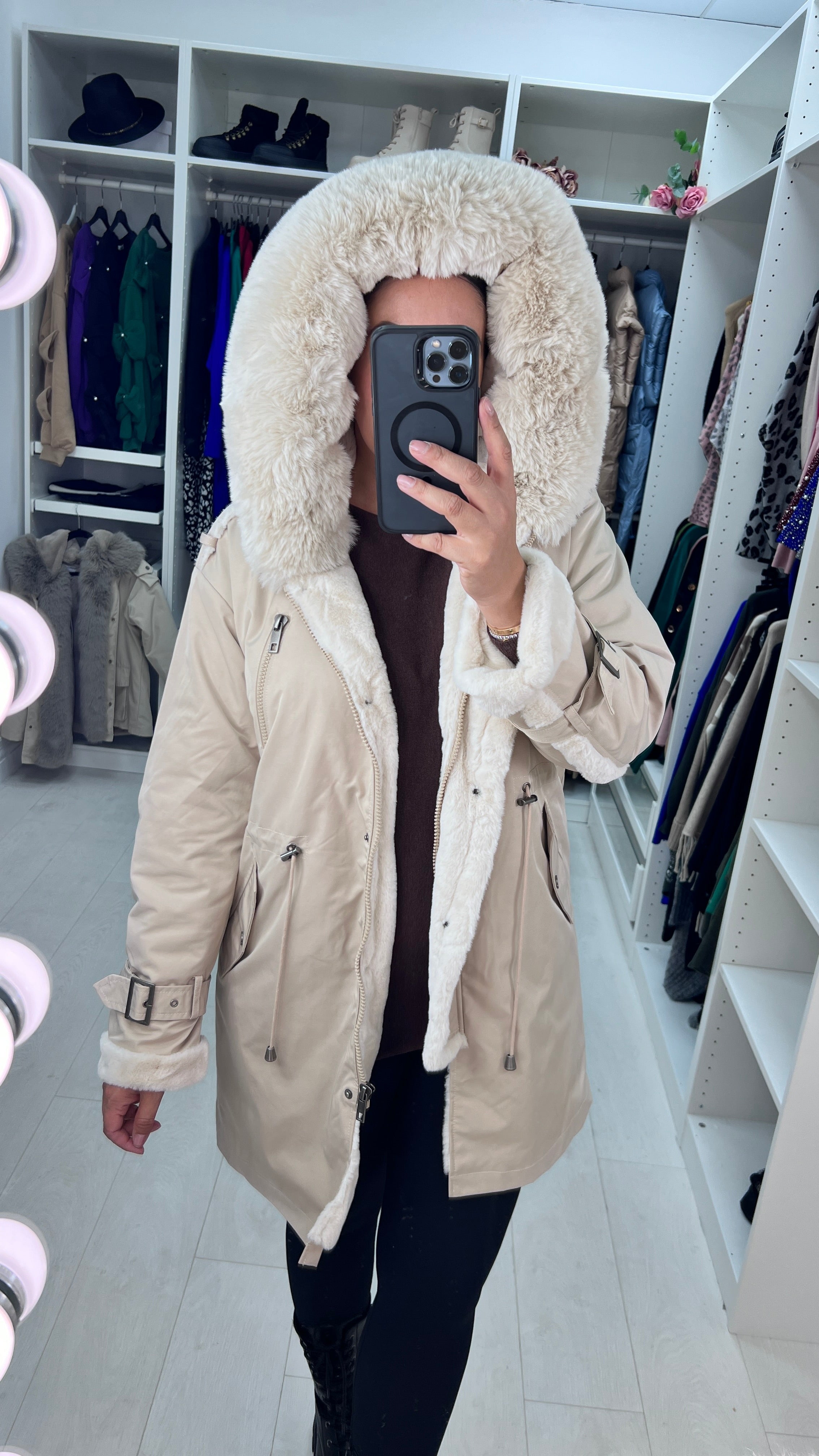 Kimzey Beige Lush Faux Fur Hooded Coat