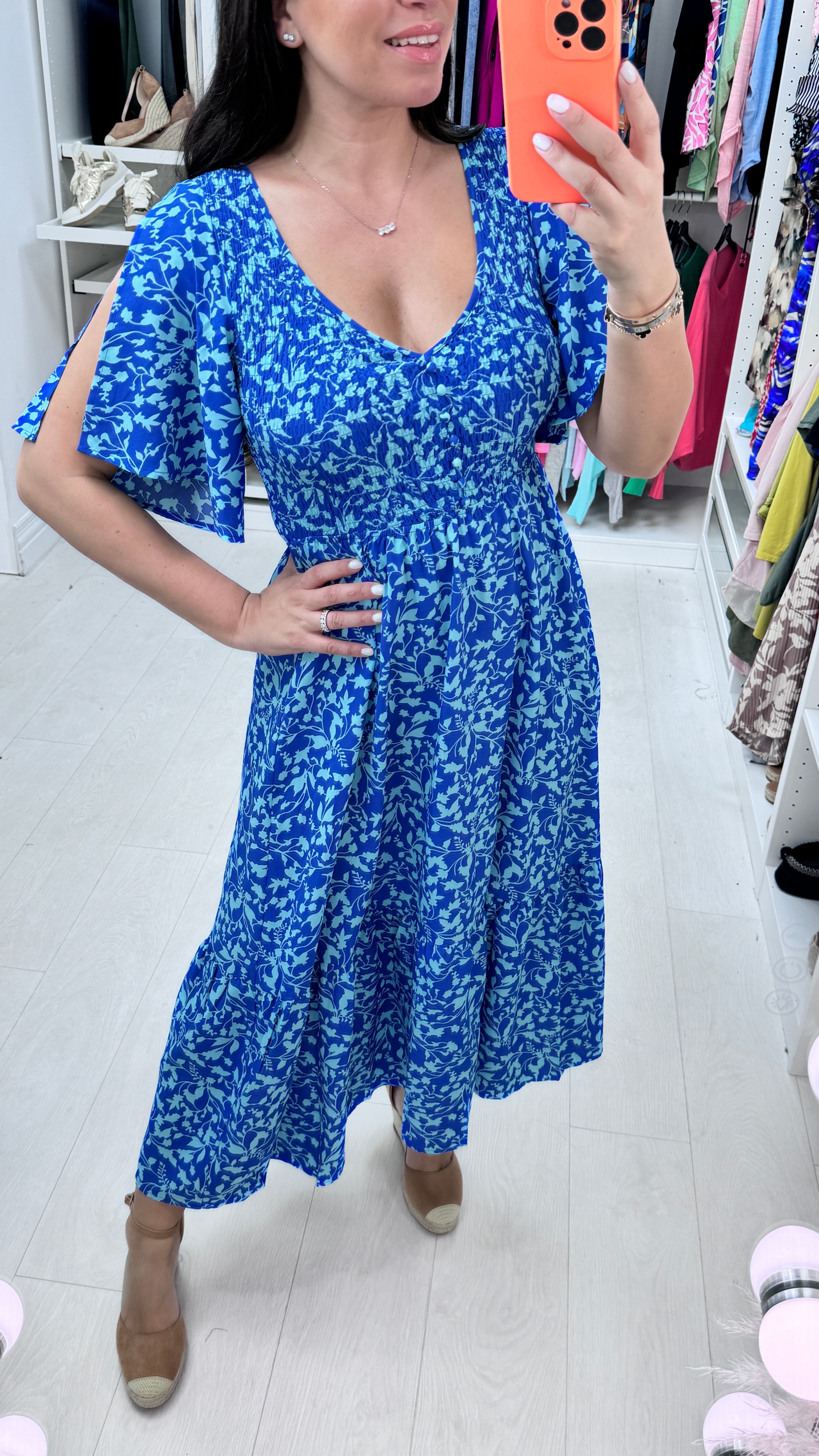 Maritza Angel Sleeve Shirred Bust Midi Dress