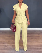 2 Pieces Outfit V-Neck Short Sleeve Twist Front Zipper Back Top and Straight Leg Pants Set Casual Commuting Set