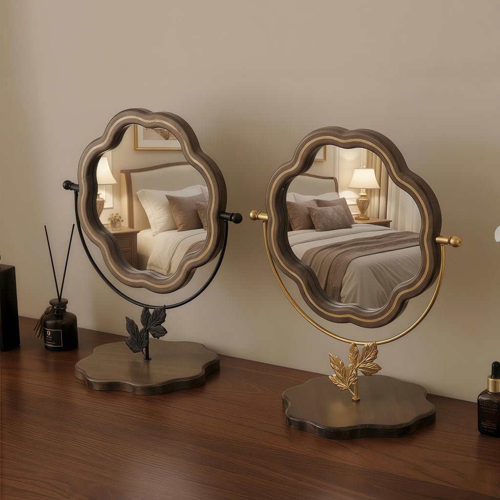 Solid Wood Scalloped Tabletop Vanity Mirror with Leaf Base