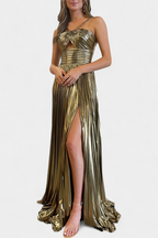 Aikaterini Metallic Maxi Dress with Crisscross Neckline and Slit