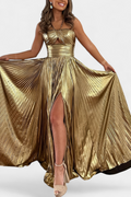 Aikaterini Metallic Maxi Dress with Crisscross Neckline and Slit