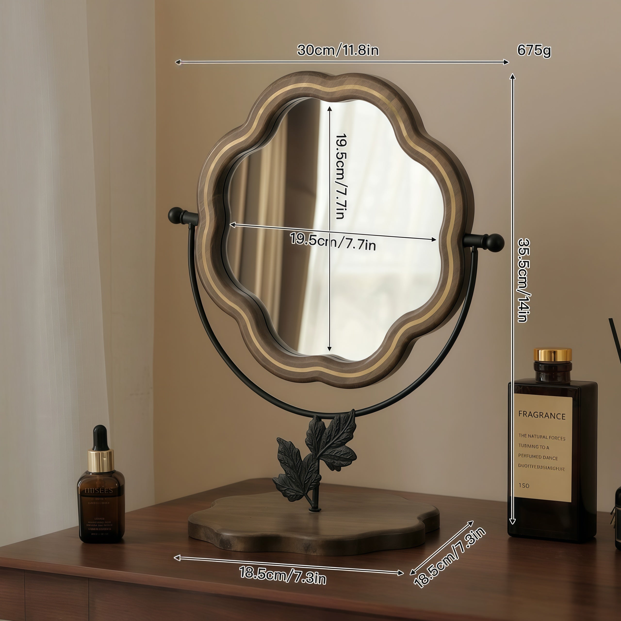 Solid Wood Scalloped Tabletop Vanity Mirror with Leaf Base
