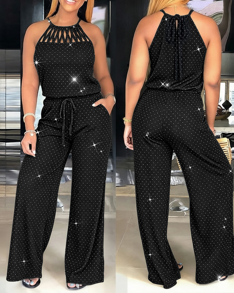 Women's Rhinestone Halter Tie Jumpsuit Casual Hollow Out Wide Leg Overalls Sparkling Drawstring Waist Jumpsuit with Pockets