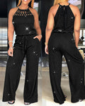 Women's Rhinestone Halter Tie Jumpsuit Casual Hollow Out Wide Leg Overalls Sparkling Drawstring Waist Jumpsuit with Pockets