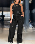 Women's Rhinestone Halter Tie Jumpsuit Casual Hollow Out Wide Leg Overalls Sparkling Drawstring Waist Jumpsuit with Pockets