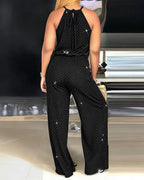 Women's Rhinestone Halter Tie Jumpsuit Casual Hollow Out Wide Leg Overalls Sparkling Drawstring Waist Jumpsuit with Pockets