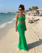 Sweetheart Neck Frill Trim Shirred Slim Fit Maxi Dress Elegant Cutout Front Mermaid Hem Evening Dress