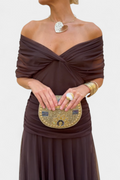 Alondra Long Dress with Floral Fancy Design and Decollete