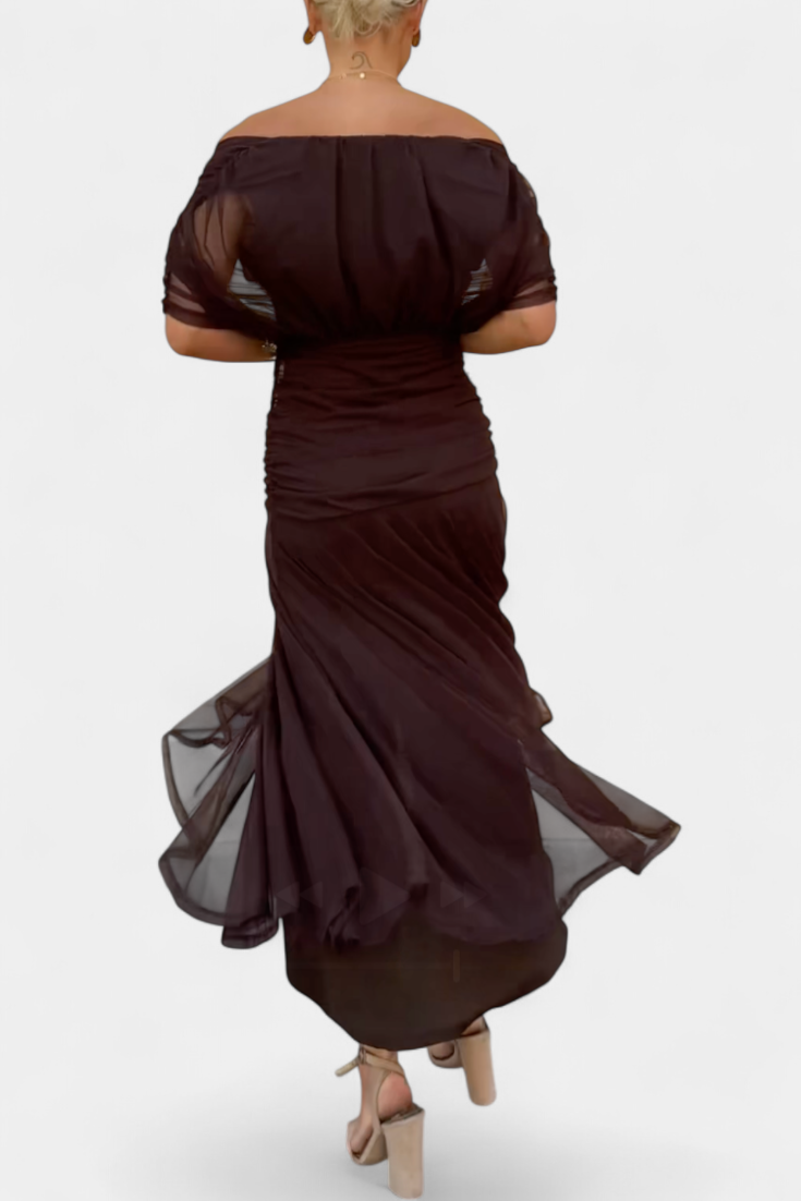 Alondra Long Dress with Floral Fancy Design and Decollete