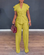 2 Pieces Outfit V-Neck Short Sleeve Twist Front Zipper Back Top and Straight Leg Pants Set Casual Commuting Set