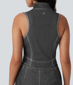 FlexTM Stand Collar Zipper Cool Touch Washed Denim Tennis Tank Top