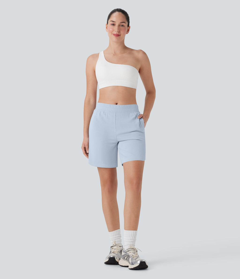 Mid Rise Side Pockets Curved Hem Yoga Bermuda Shorts