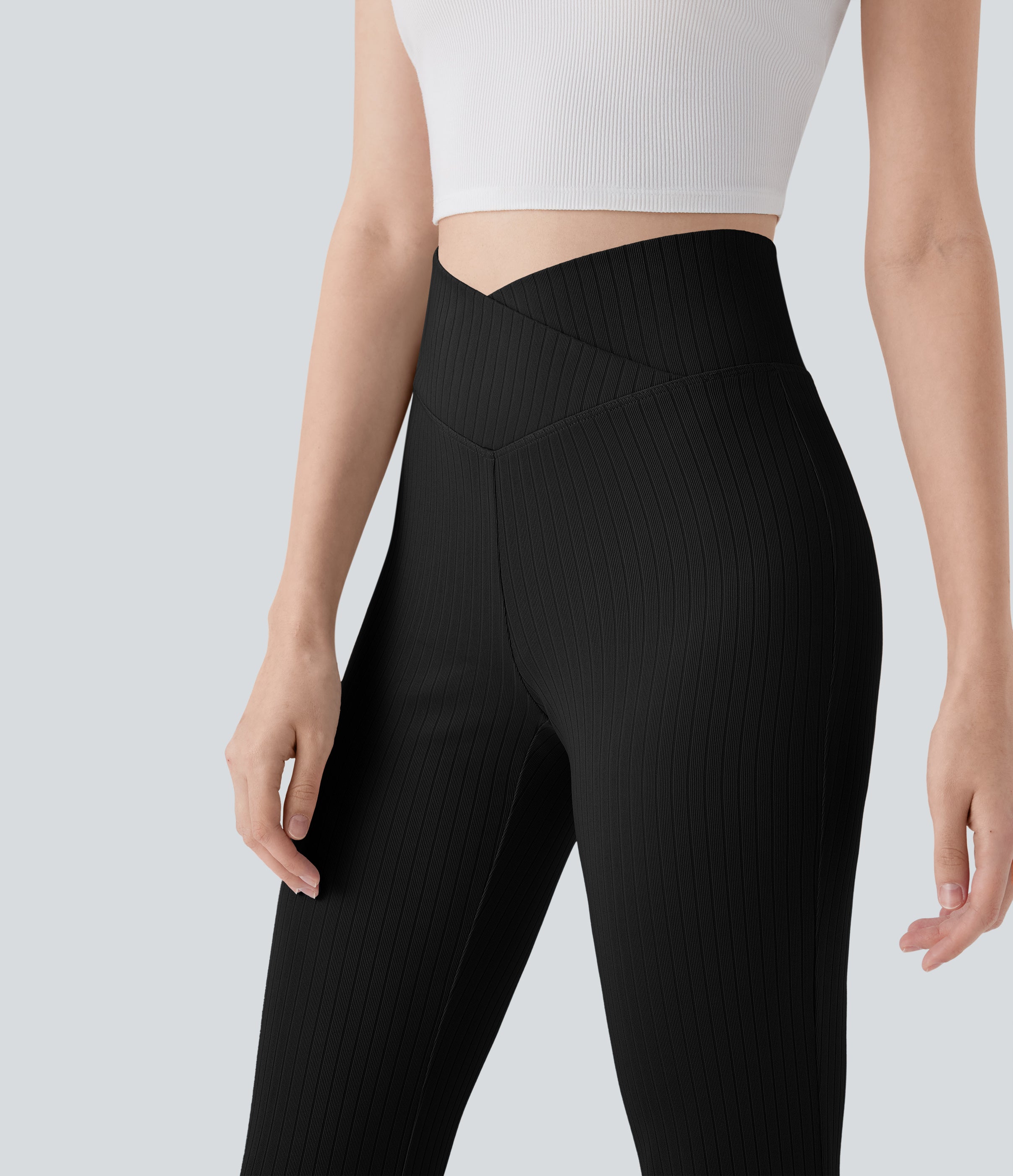 Ribbed Knit Crossover High Waisted Casual Flare Pants with Pocket