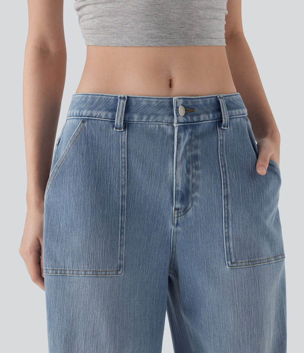 FlexTM Low Rise Rolled Hem Washed Casual Baggy Jeans with Pockets
