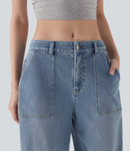 FlexTM Low Rise Rolled Hem Washed Casual Baggy Jeans with Pockets
