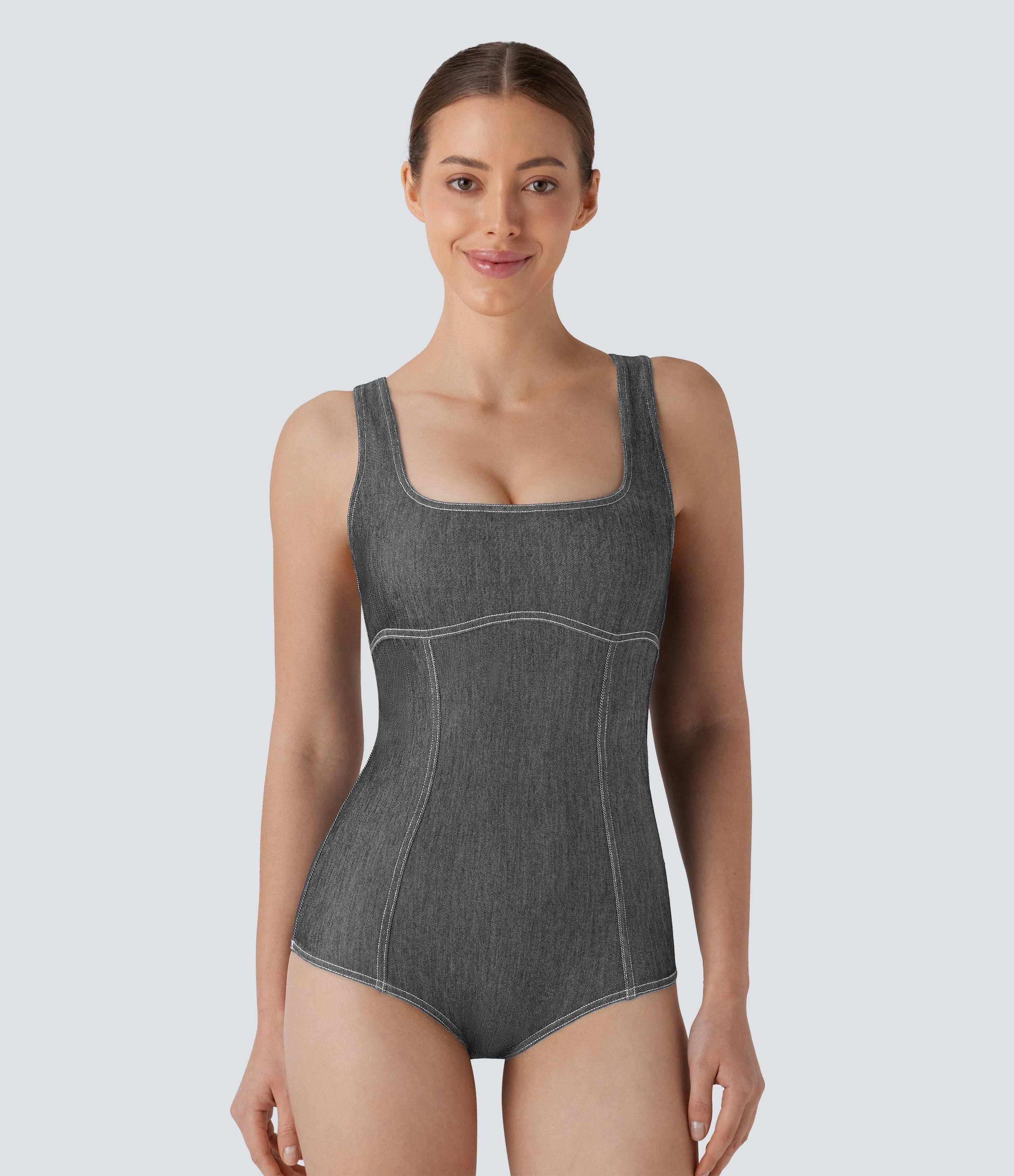 FlexTM Square Neck Racerback Cool Touch Washed Denim Tennis Bodysuit