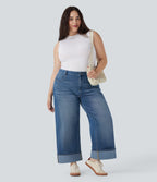 Plus Size FlexTM High Waisted Wide Leg Rolled Hem Washed Stretchy Knit Casual Jeans with Pockets