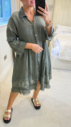 Penny Button Front Embellished Linen Dress