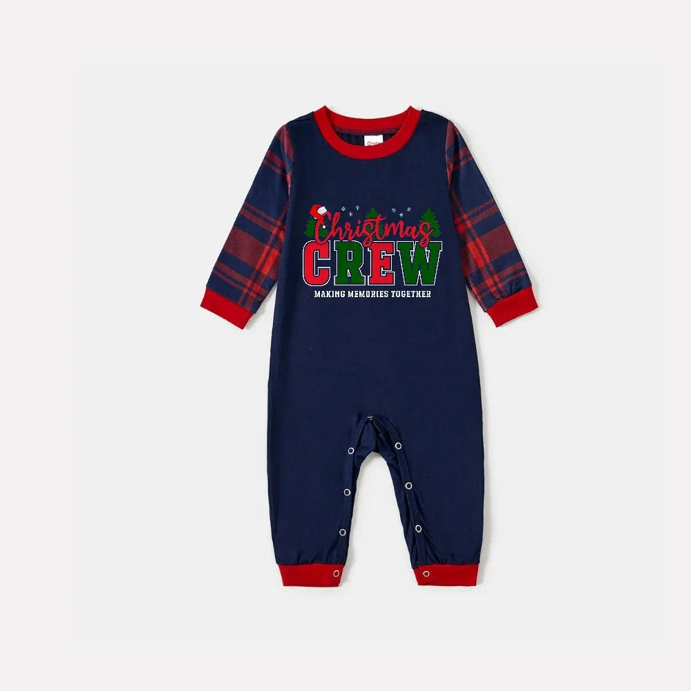 Christmas Family Matching Pajamas-Navy & Red Plaid Pjs Set with "Christmas Crew Making Memories Together" Print