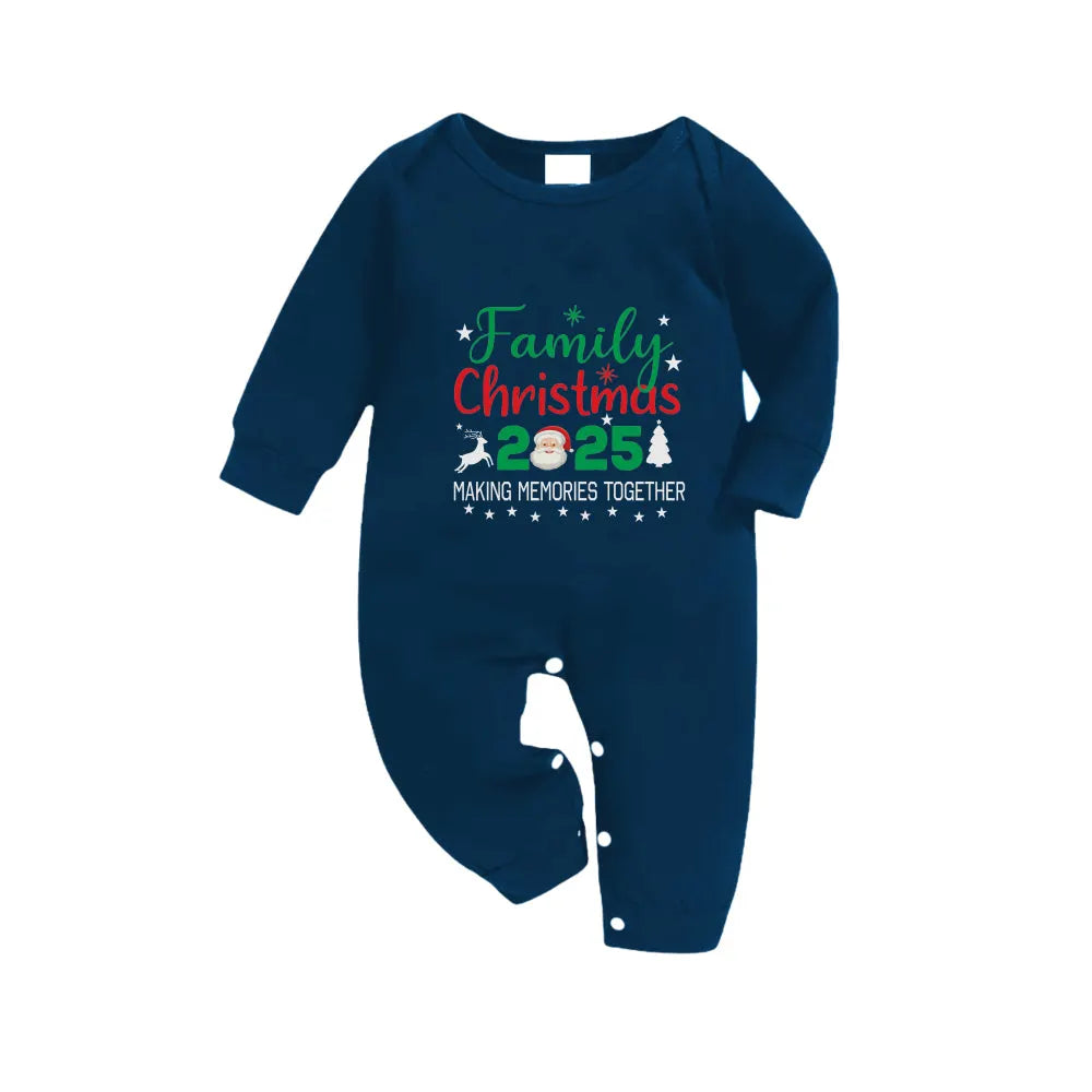 Christmas Family Matching Pajamas-Navy & Sky Blue Plaid Pjs Set with "Family Christmas 2025" and Santa Pattern Print