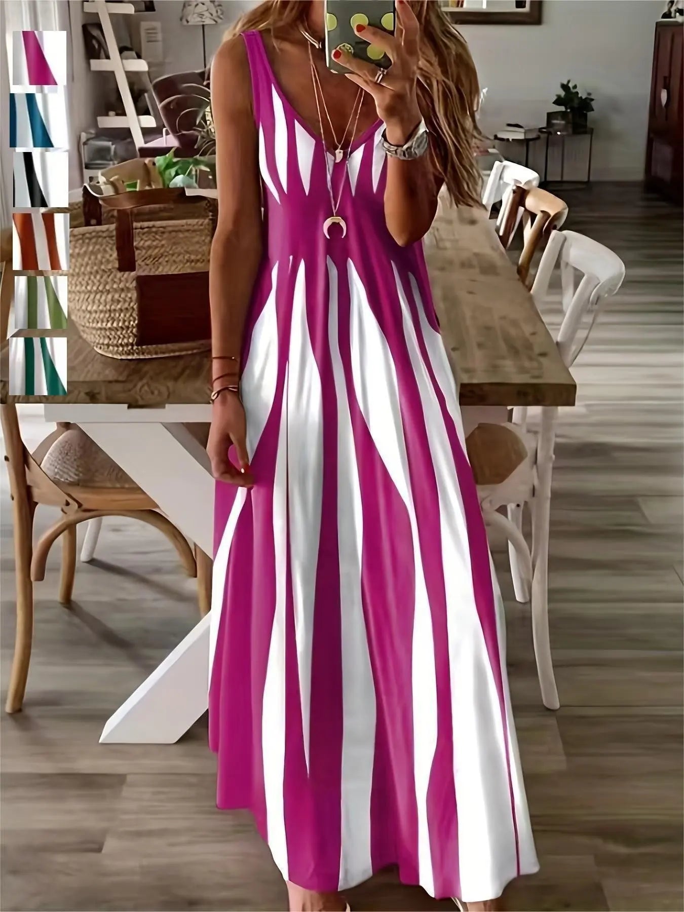 Summer New Arrival Women's Casual Sleeveless Striped V-Neck Long Dress, Sweet Style Loose-Fitting Daily Wear, Perfect for Outdoor Activities