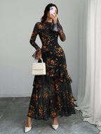 Women's Gothic Elegant Sexy Mesh Splicing Colorful Print Retro Petal Sleeves Ruffle Mermaid Hem Double Layer Dress