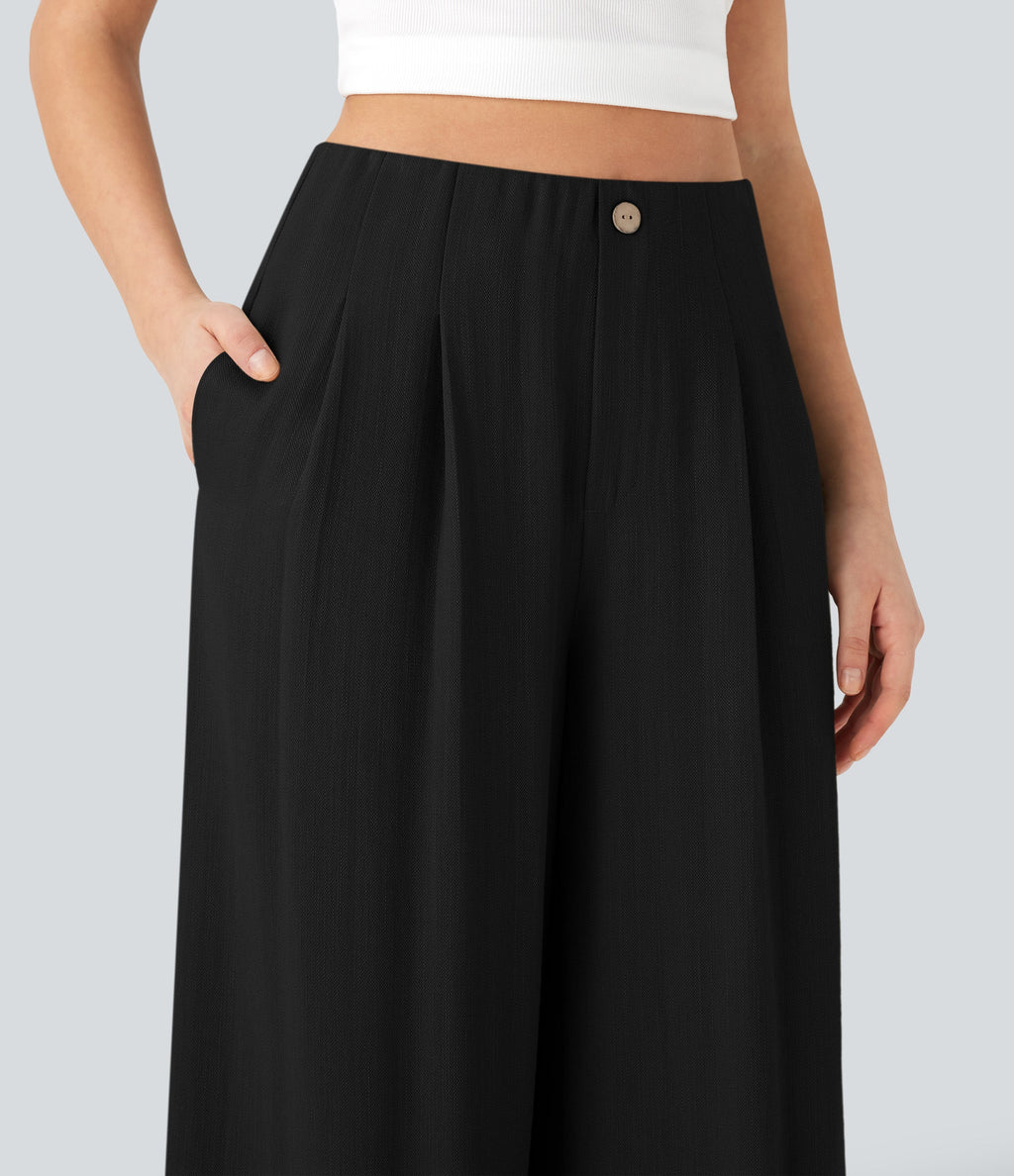 High Waisted Casual Linen-Feel Pants with Pockets