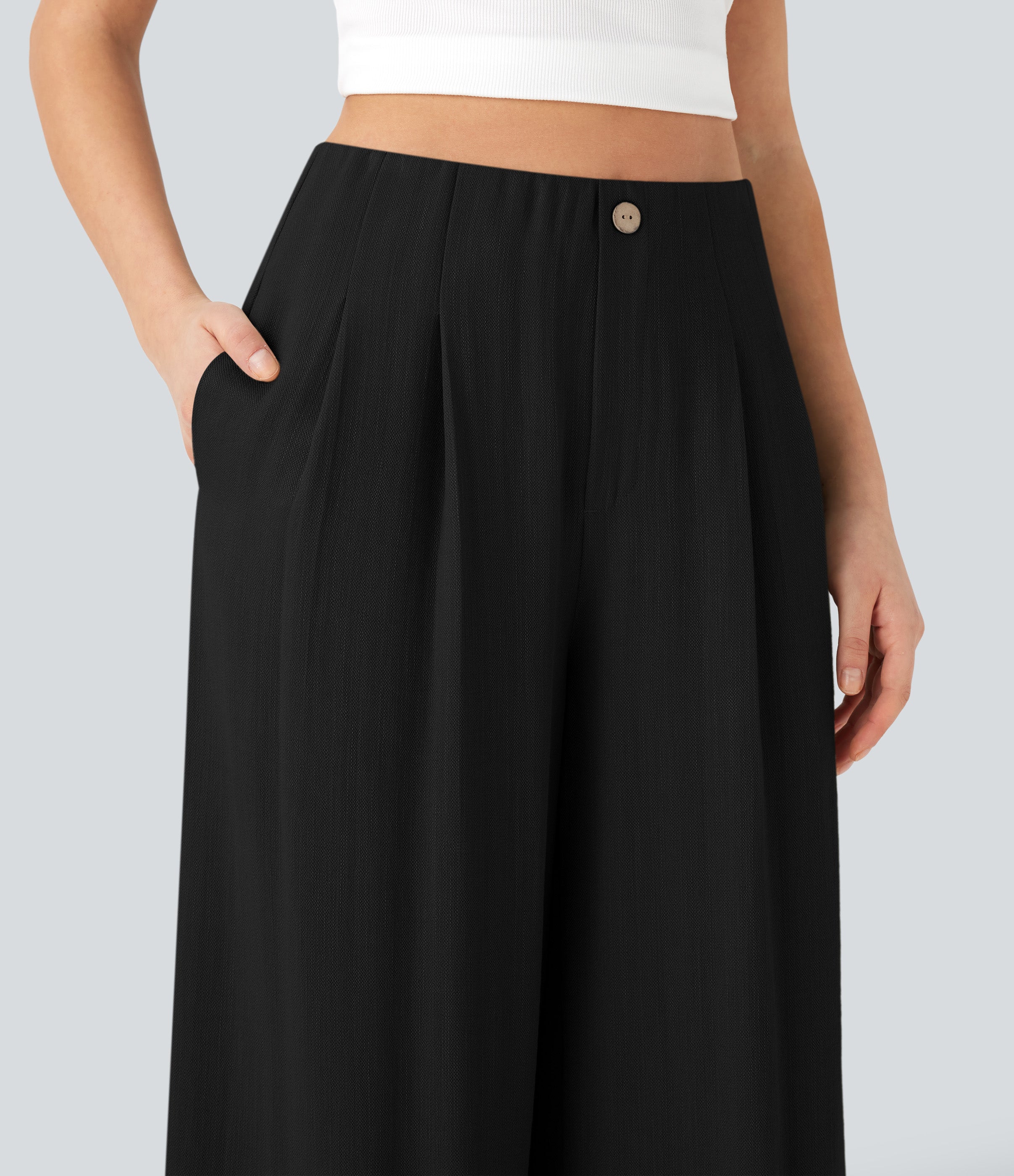 High Waisted Casual Linen-Feel Pants with Pockets