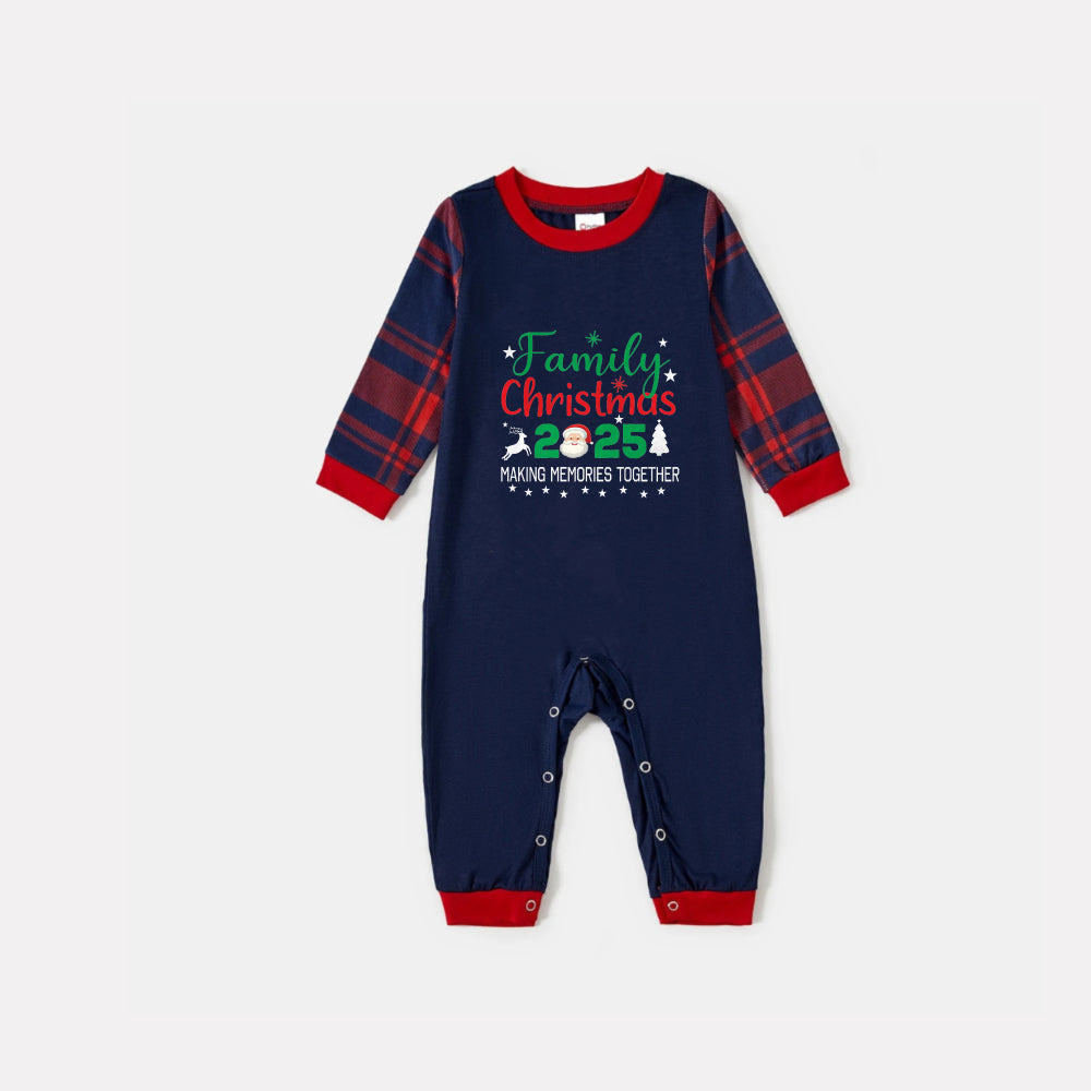 Christmas Family Matching Pajamas-Navy & Red Plaid Pjs Set with "Family Christmas 2025" and Santa Pattern Print