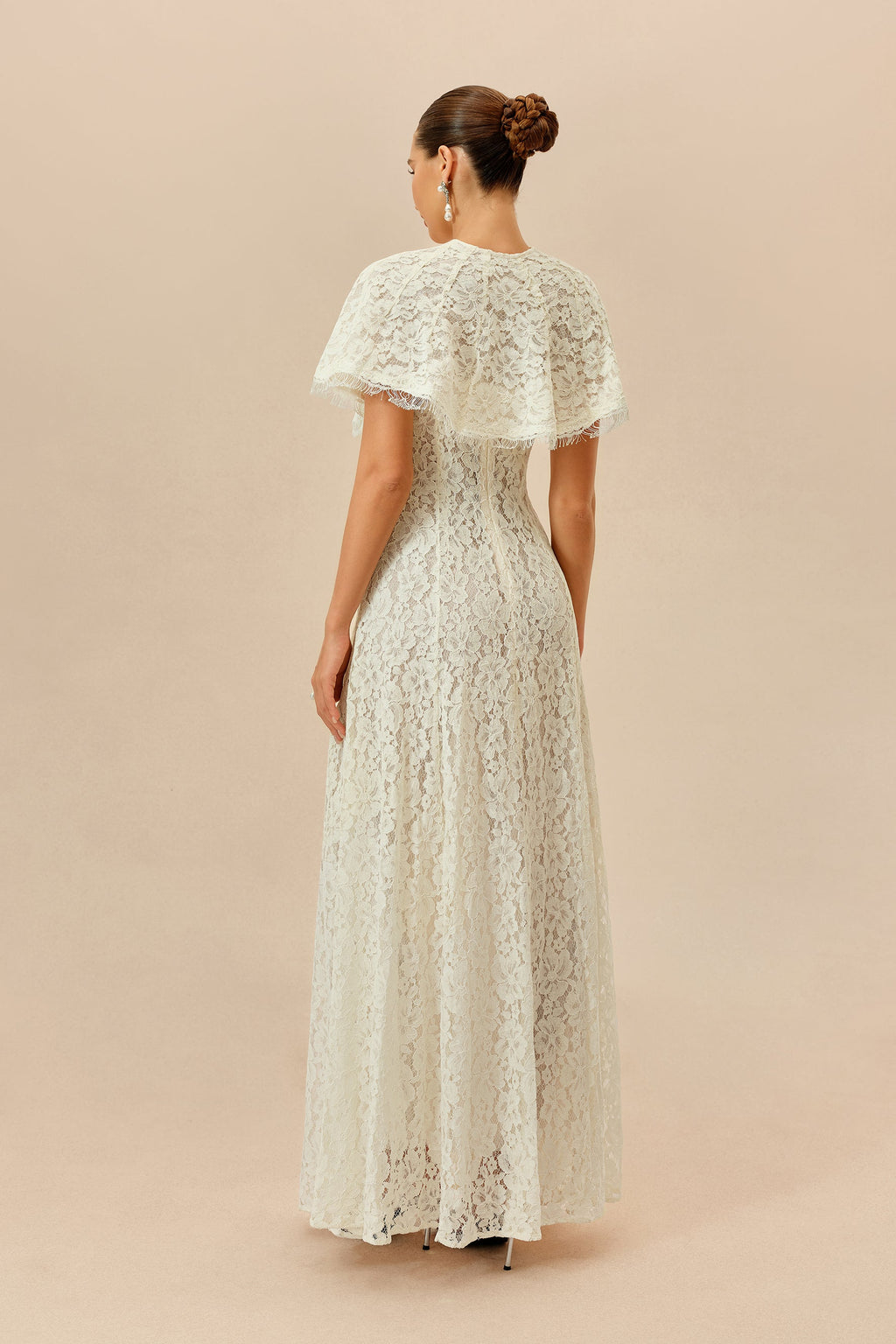 Make An Entrance White Floral Lace Maxi Dress With Cape