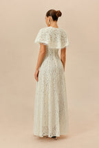 Make An Entrance White Floral Lace Maxi Dress With Cape