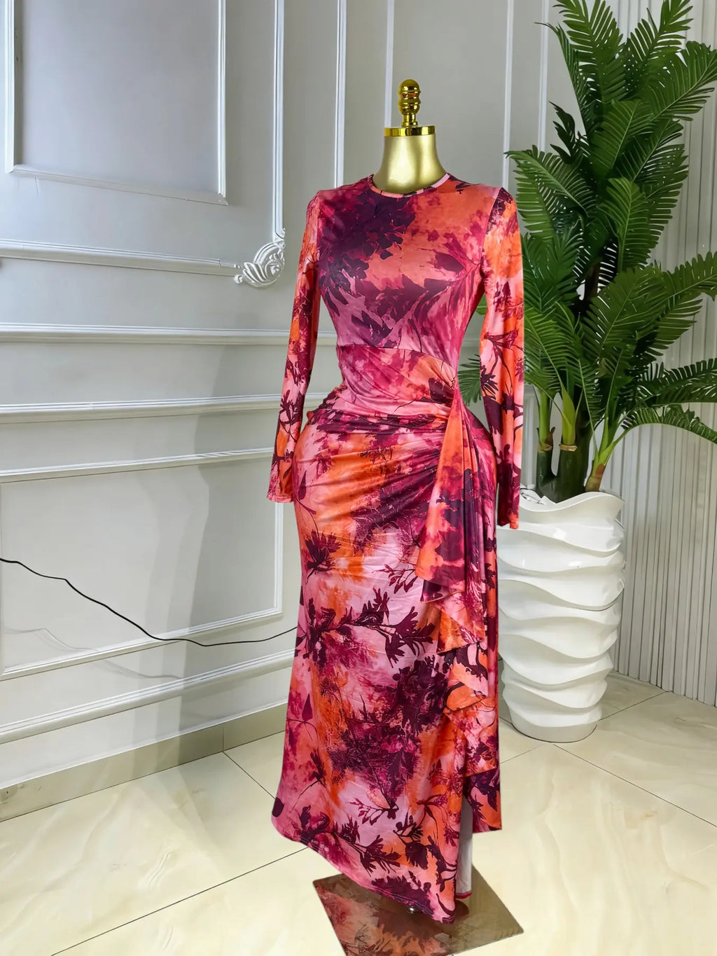 Elegant Feminine Women's Printed O-Neck Long Sleeve Ruffled Satin Belted Long Prom Dress, Club Sexy Evening Party Outfit Gown, Formal Wear, Female Fashion Music Festival Dress,Romantic Lady Skirt,Graduation Season Dress