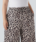 Plus Size High Waisted Drawstring Leopard Print Wide Leg Casual Pants with Pockets