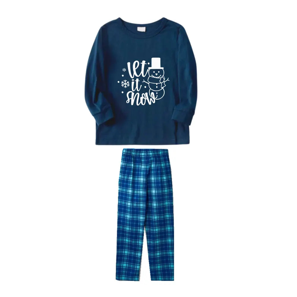 Christmas Family Matching Pajamas-Navy & Sky Blue Plaid Pjs Set with "Let It Snow" and Snowman Cartoon Print