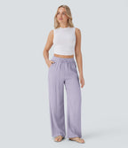 Women Summer High Waisted Drawstring Pocket Wide Leg Casual Linen-Feel Pants