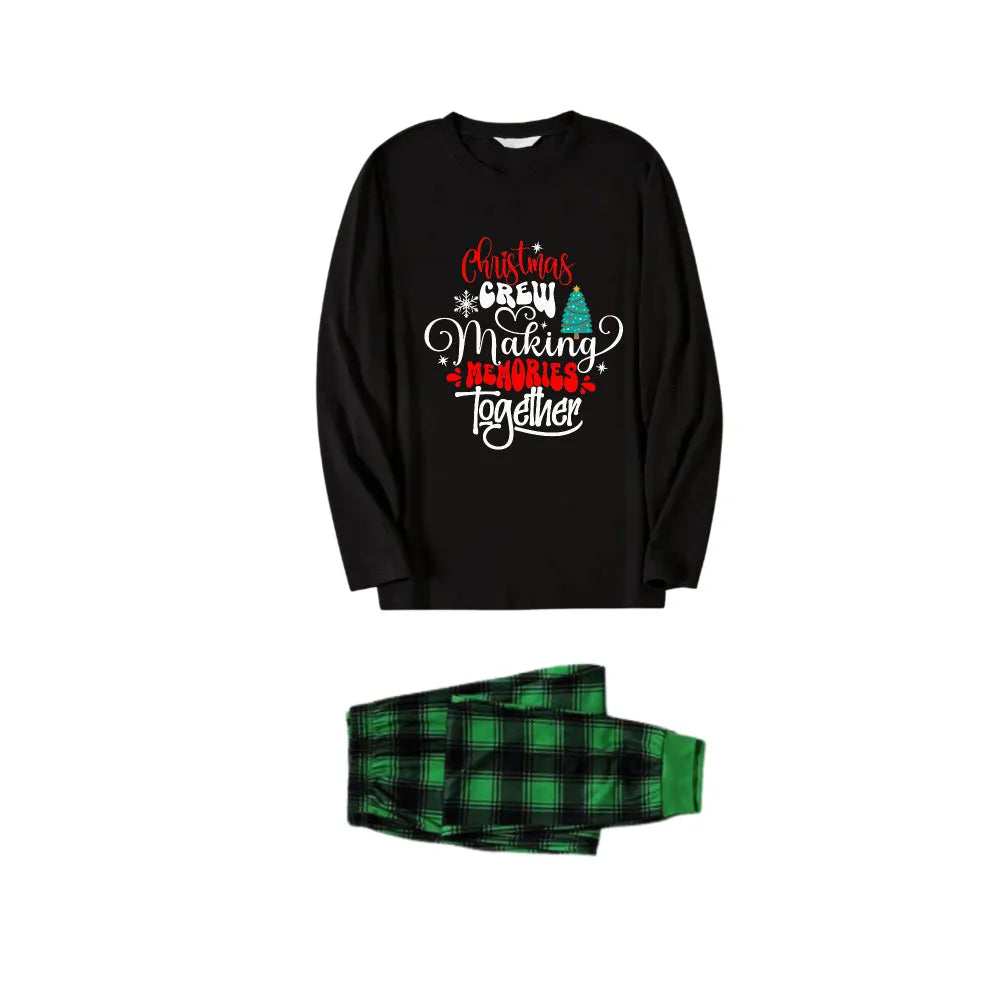 Christmas Family Matching Pajamas-Black Top and Green Plaid Pants Pjs Set with "Christmas Crew Making Memories Together" Artistic Font Print