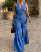 2 Pieces Outfit Deep V-Neck Sleeveless Tie Front Cinched Waist Top and Elastic Waist Wide Leg Pants Set Casual Ruffle Hem Set