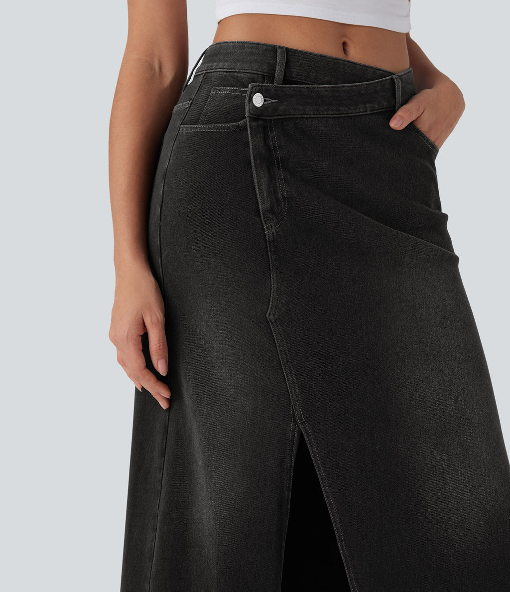 FlexTM Asymmetric Mid Rise Denim Maxi Casual Skirt with Pockets