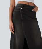 FlexTM Asymmetric Mid Rise Denim Maxi Casual Skirt with Pockets