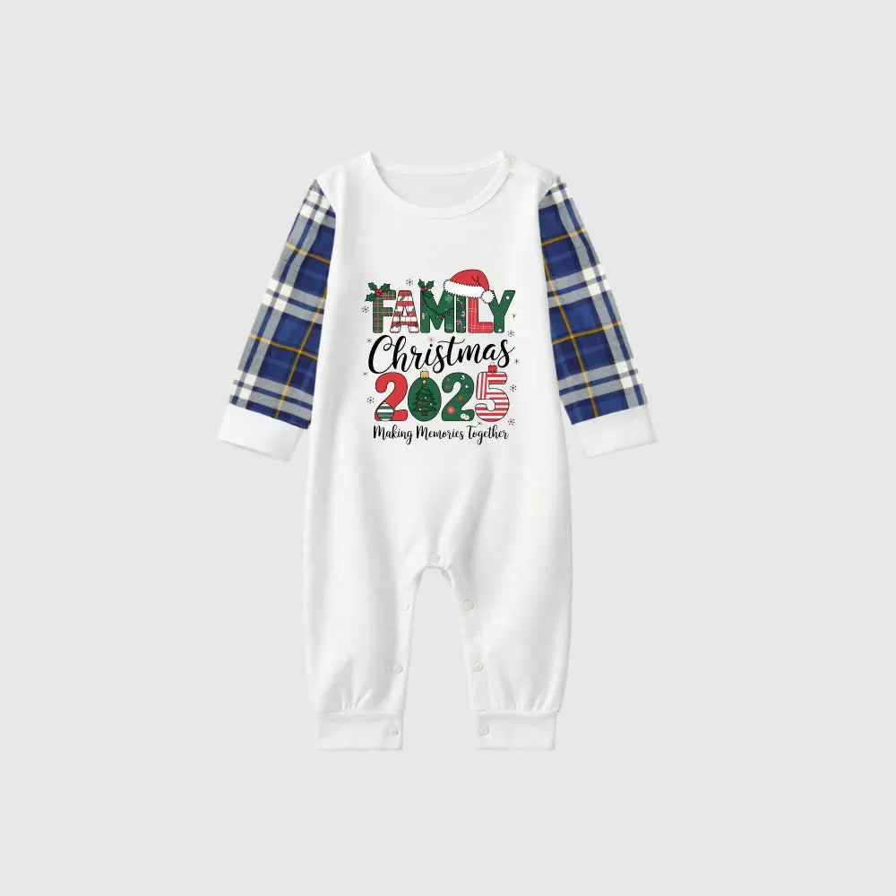 Christmas Family Matching Pajamas-Blue Raglan Top Blue Plaid Pants Pjs Set with "Family Christmas 2025" Print