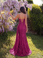 Elegant Sequin Spaghetti Strap Rhinestone Patchwork Fishbone High Waist High Slit Tie Back Open Back Evening Dress Fall
