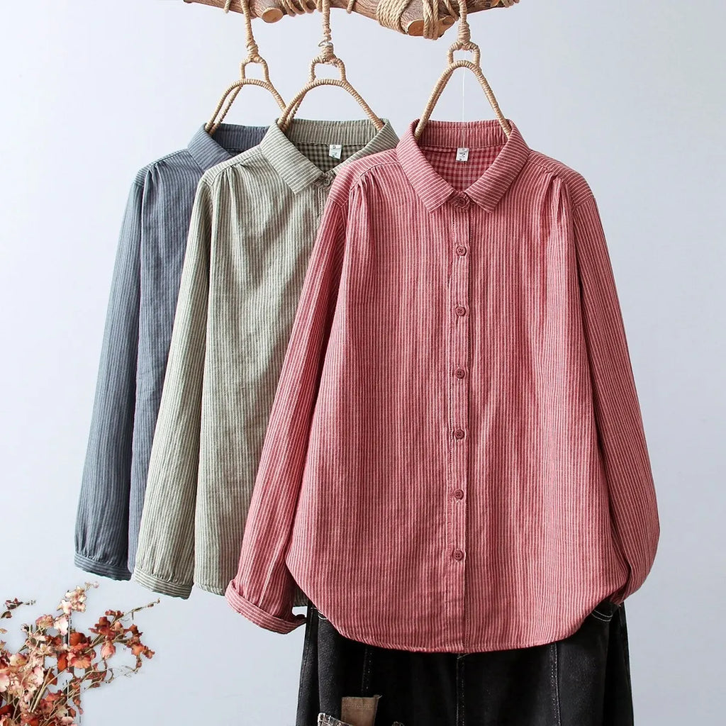 2025 New Women's Linen Cotton Casual Loose Stripe Shirt-Buy 3 Get Free Shipping